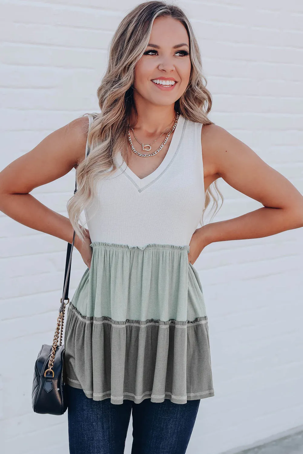 Ruffled V Neck Color Block Tank Top