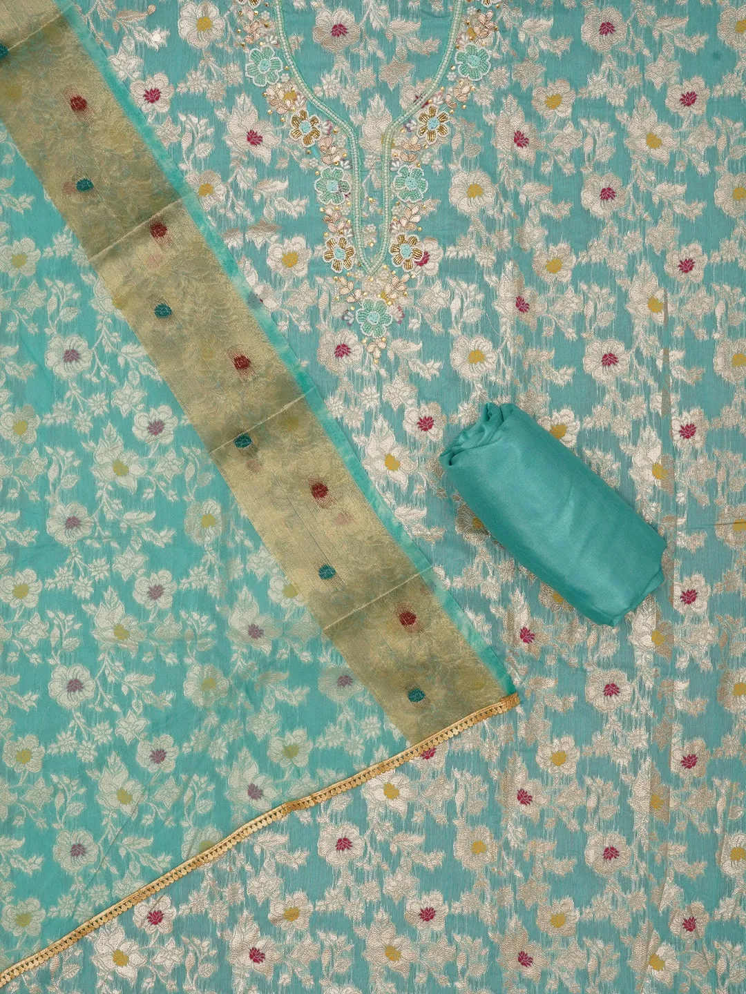 Sea Green Zari Brocade Cotton Dress Material with Dupatta