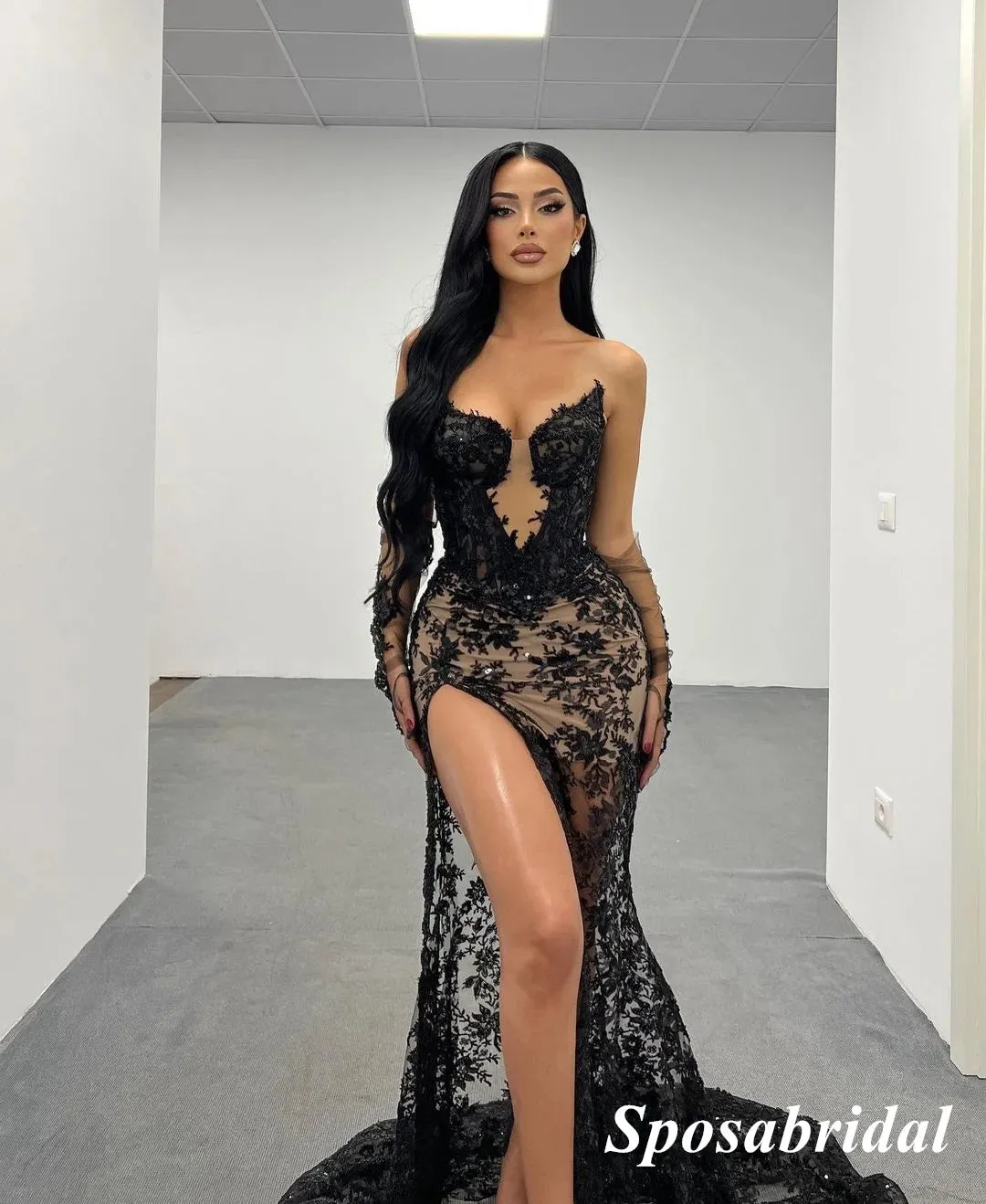 Sexy Black Tulle And Lace Sweetheart V-Neck Side Slit Mermaid Long Prom Dresses, PD3792