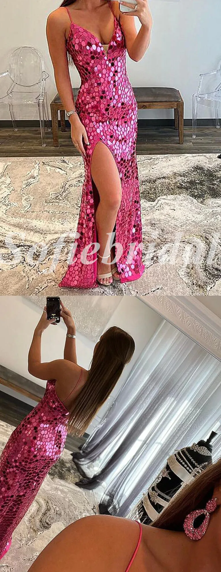 Sexy Sequin Spaghetti Straps V-Neck Sleeveless Side Slit Mermaid Long Prom Dresses,SFPD0728