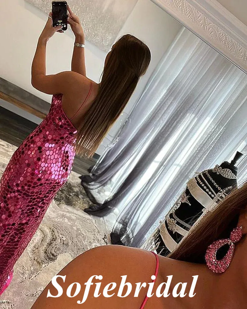 Sexy Sequin Spaghetti Straps V-Neck Sleeveless Side Slit Mermaid Long Prom Dresses,SFPD0728