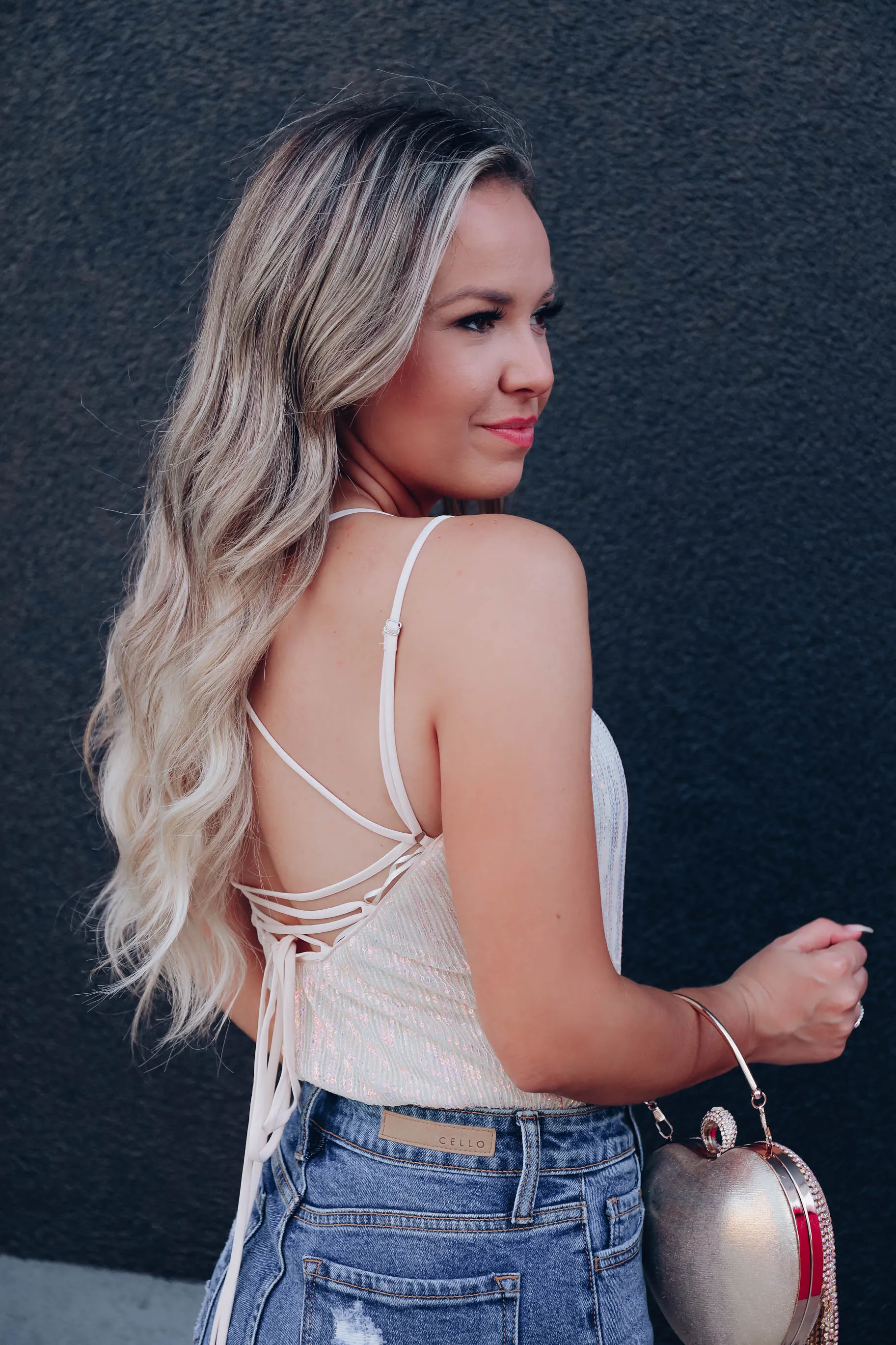 Shelley Sequin Lace Up Bodysuit - Cream