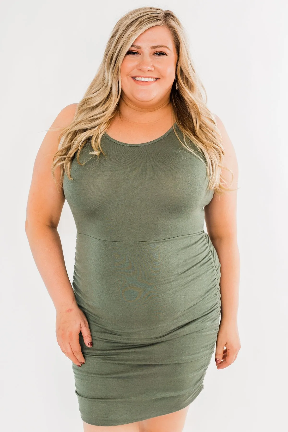 Simple & Chic Cinched Fitted Dress- Olive