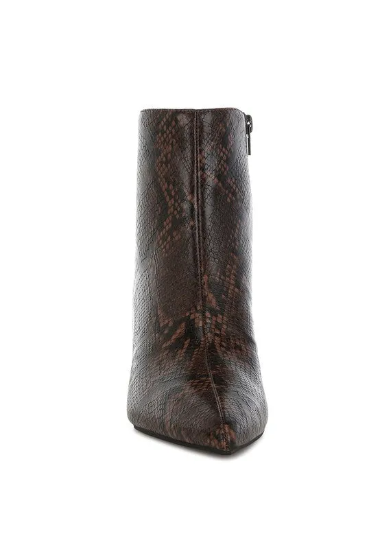 Thymus Snake Print Kitten Heel Boots – Chocolate Vegan Leather
