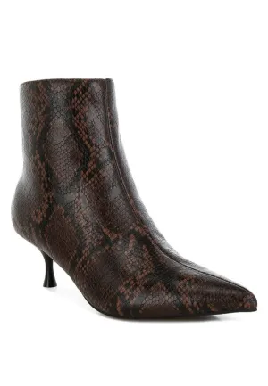 Thymus Snake Print Kitten Heel Boots – Chocolate Vegan Leather