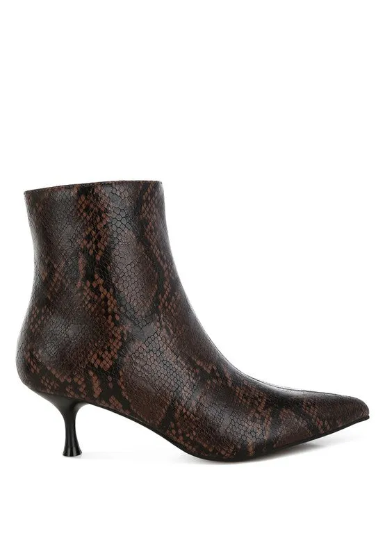 Thymus Snake Print Kitten Heel Boots – Chocolate Vegan Leather