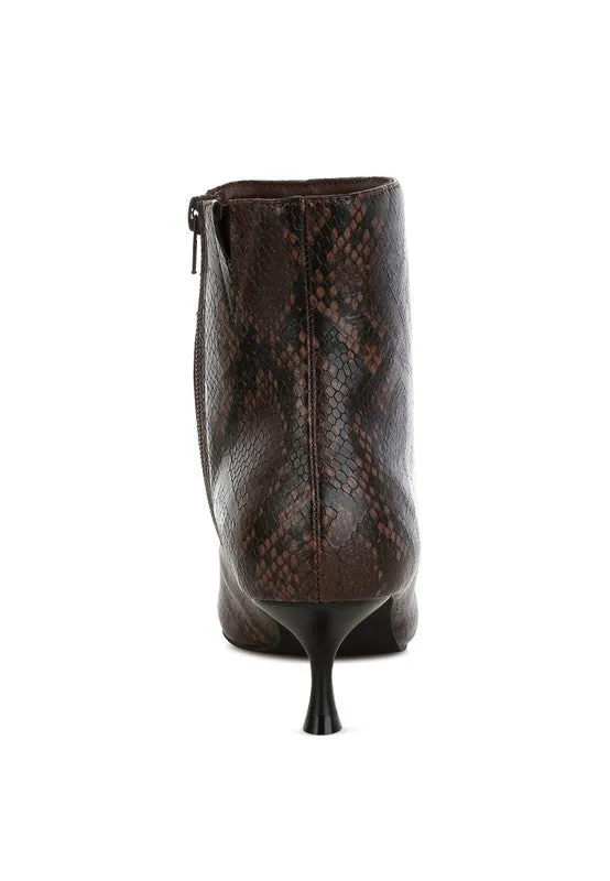 Thymus Snake Print Kitten Heel Boots – Chocolate Vegan Leather