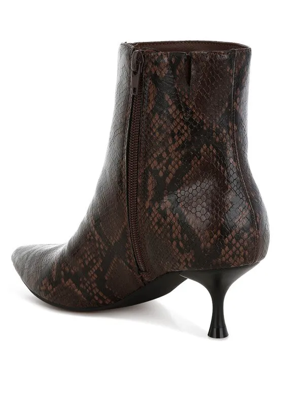 Thymus Snake Print Kitten Heel Boots – Chocolate Vegan Leather