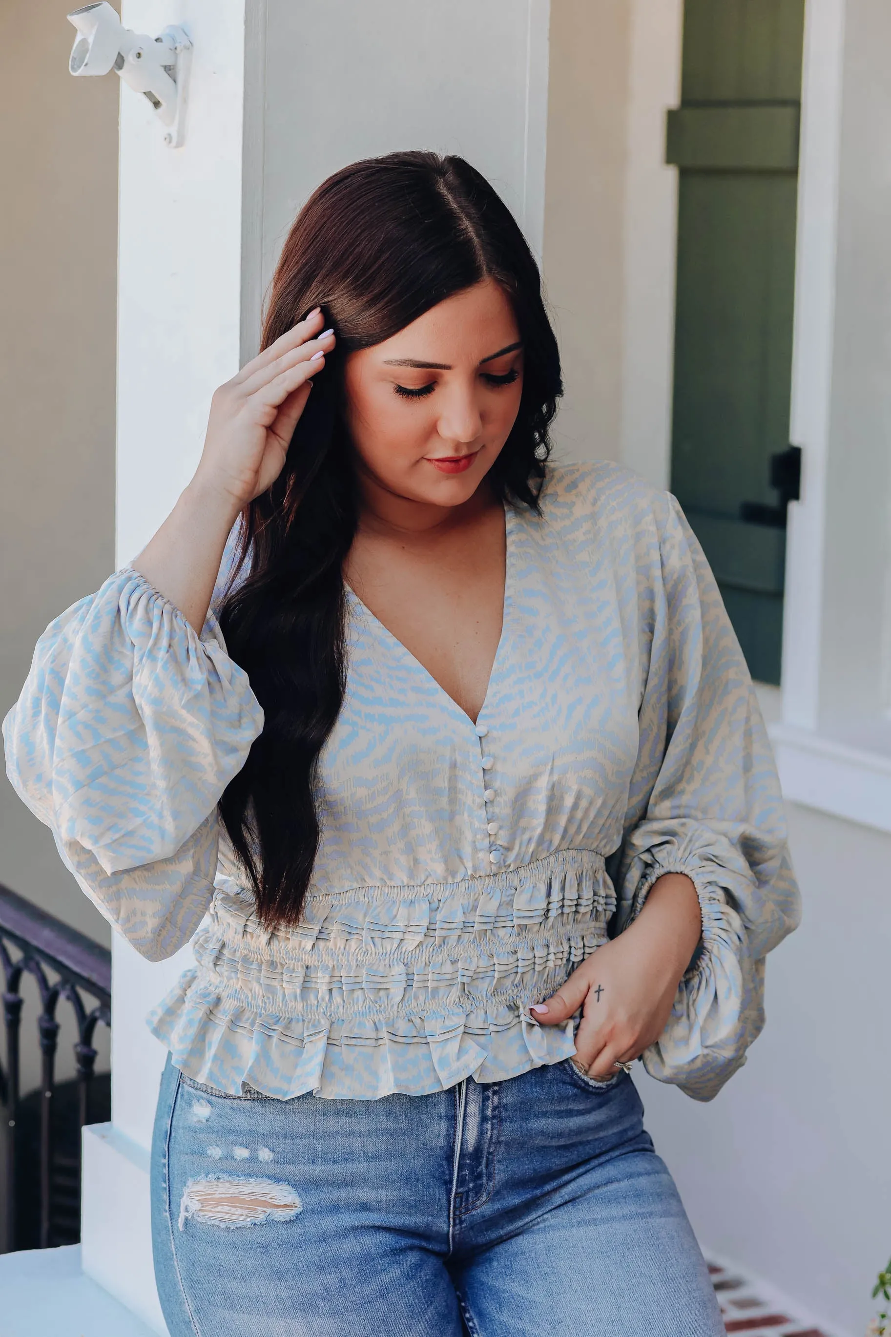 Walk My Talk Smocked Blouse - Blue