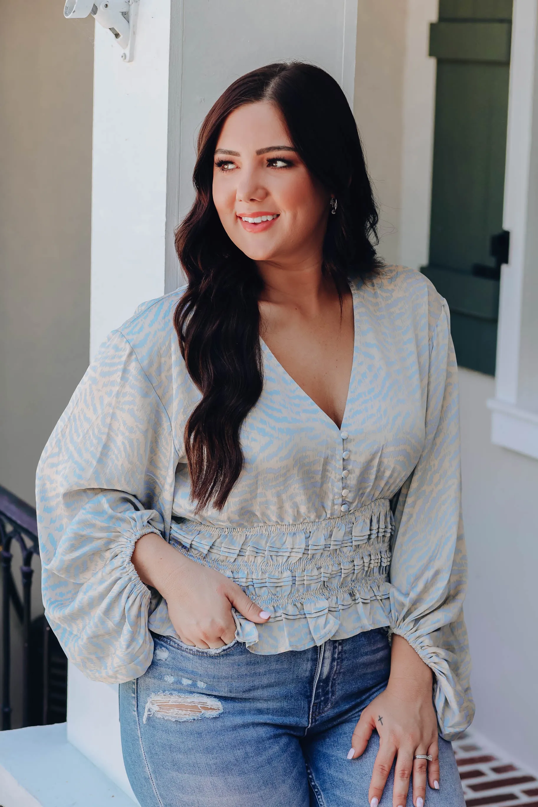 Walk My Talk Smocked Blouse - Blue