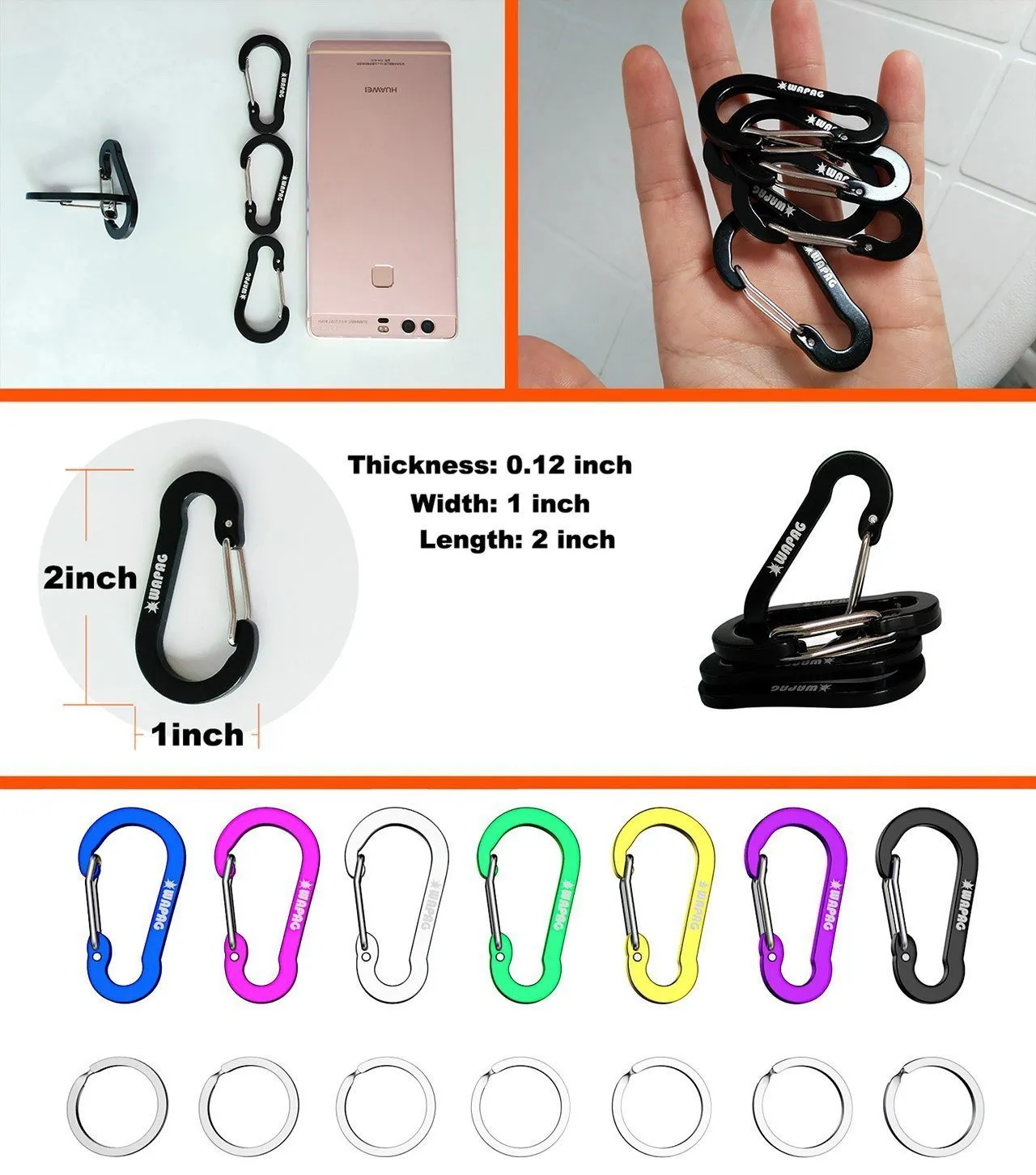 WAPAG Carabiner Clip 2Inch Aluminum Flat Gourd Shape Mini Spring Hook Keychain Keyring for Keys Small Items Daily Life Hammocks Camping Hiking Running Accessories (21Color)