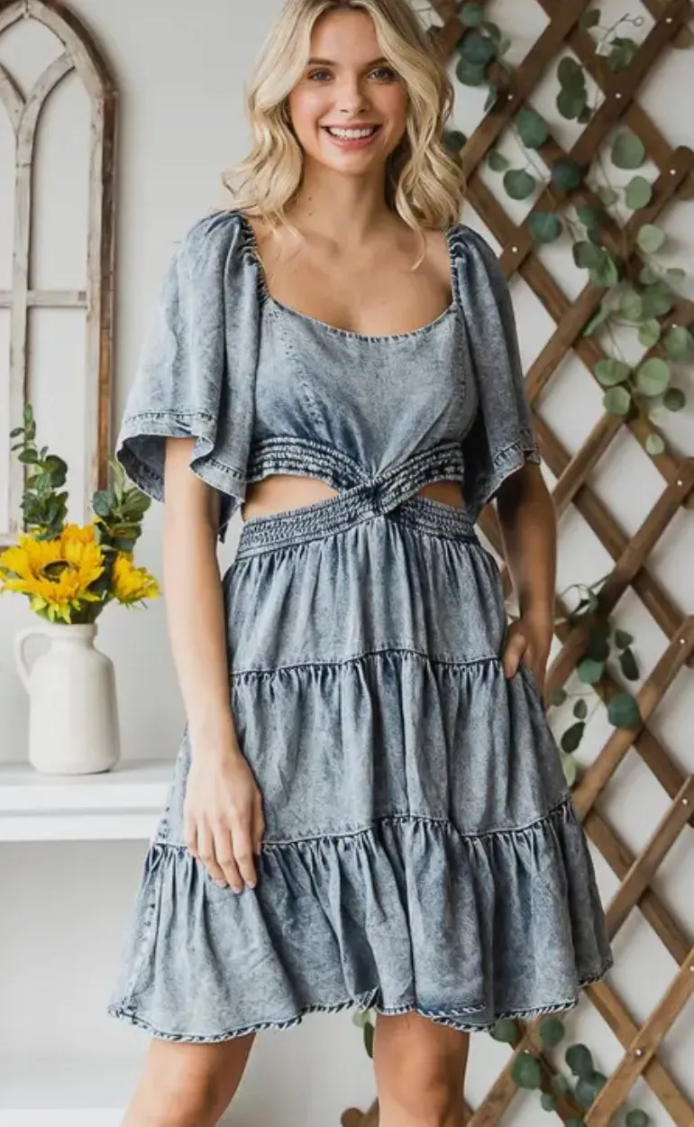 Washed Denim Tencel Cut Out Mini Dress