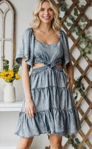Washed Denim Tencel Cut Out Mini Dress