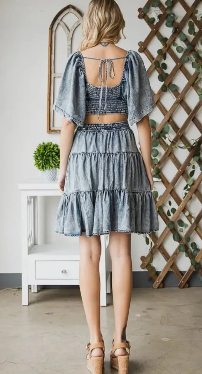 Washed Denim Tencel Cut Out Mini Dress