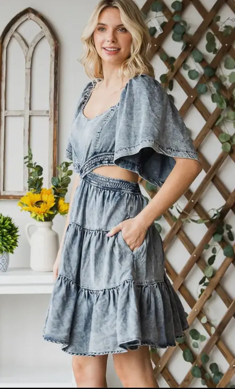 Washed Denim Tencel Cut Out Mini Dress