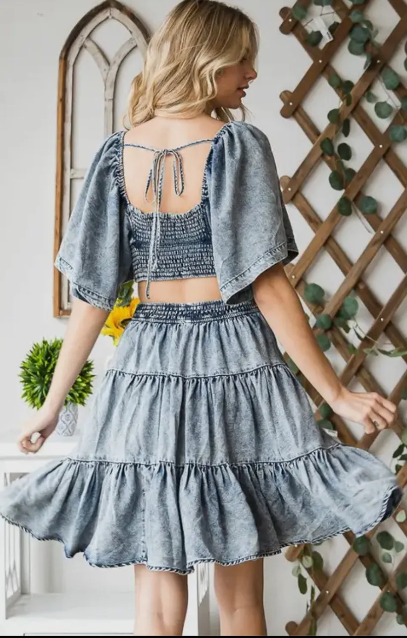 Washed Denim Tencel Cut Out Mini Dress