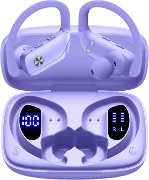 Wireless Earbuds Bluetooth Headphones 48Hrs Play Back Sport Earphones with LED Display Over-Ear Buds with Earhooks Built-In Mic Headset for Workout Purple