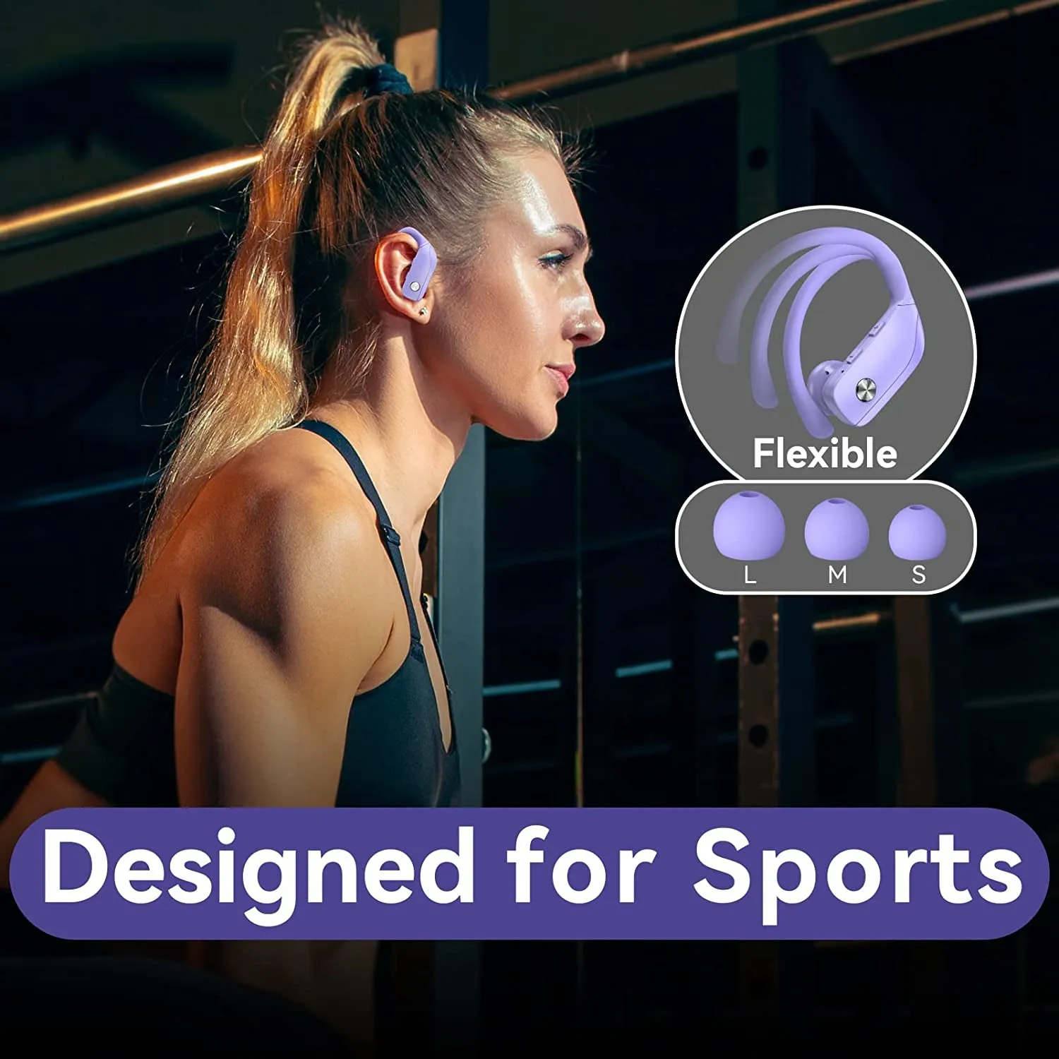 Wireless Earbuds Bluetooth Headphones 48Hrs Play Back Sport Earphones with LED Display Over-Ear Buds with Earhooks Built-In Mic Headset for Workout Purple