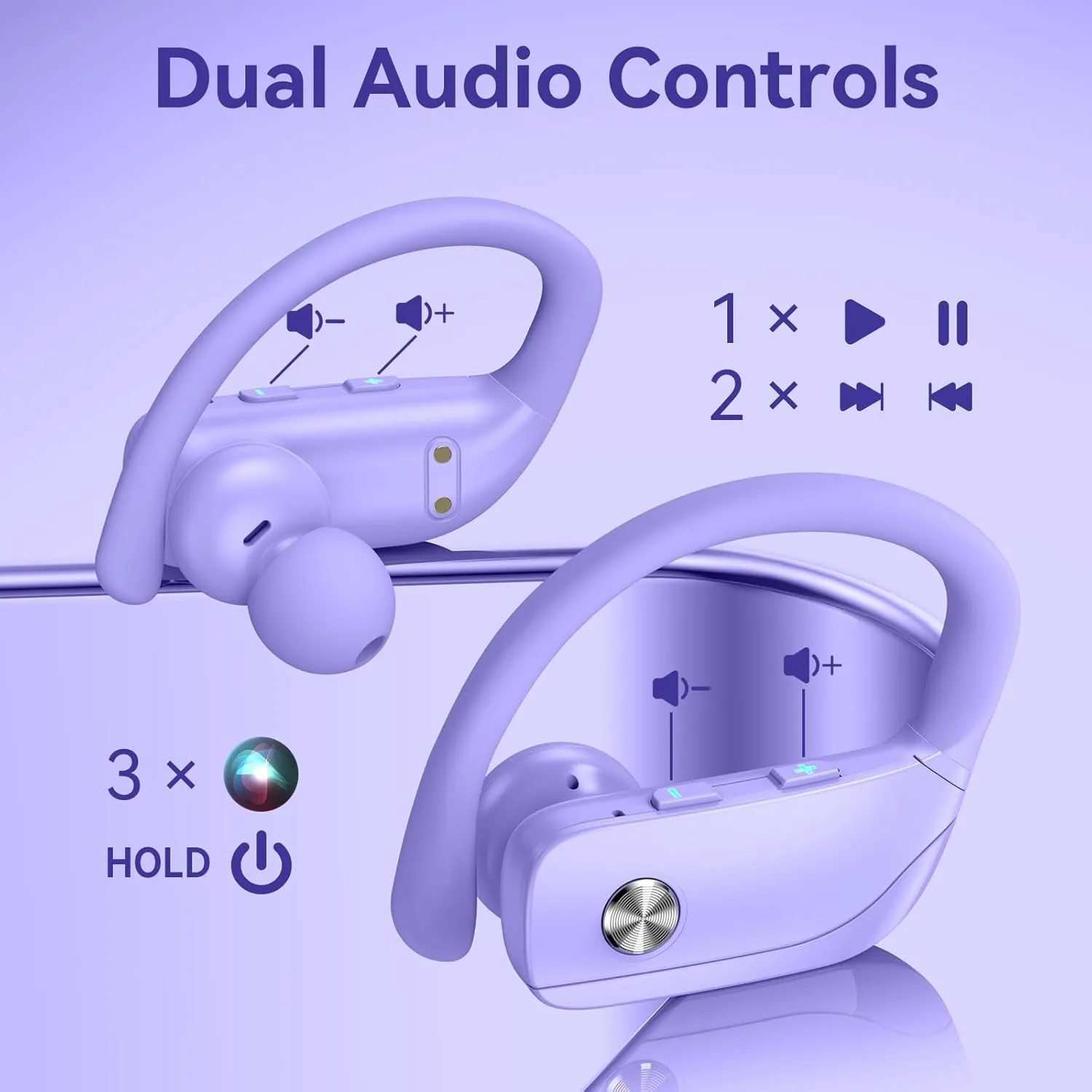 Wireless Earbuds Bluetooth Headphones 48Hrs Play Back Sport Earphones with LED Display Over-Ear Buds with Earhooks Built-In Mic Headset for Workout Purple