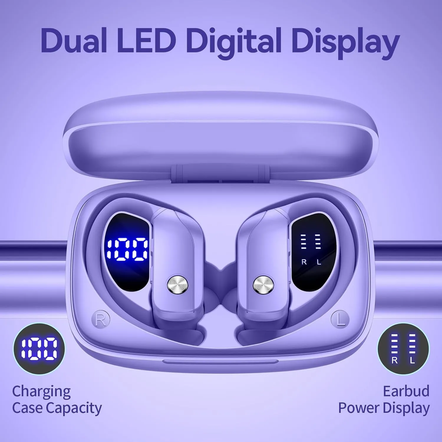 Wireless Earbuds Bluetooth Headphones 48Hrs Play Back Sport Earphones with LED Display Over-Ear Buds with Earhooks Built-In Mic Headset for Workout Purple