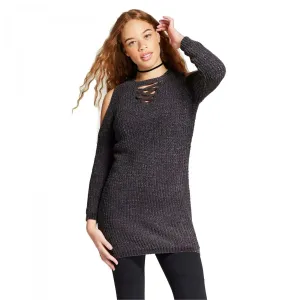 Xhilaration Women's Cold Shoulder Lace Up Short Sweater Mini Dress Grey XS
