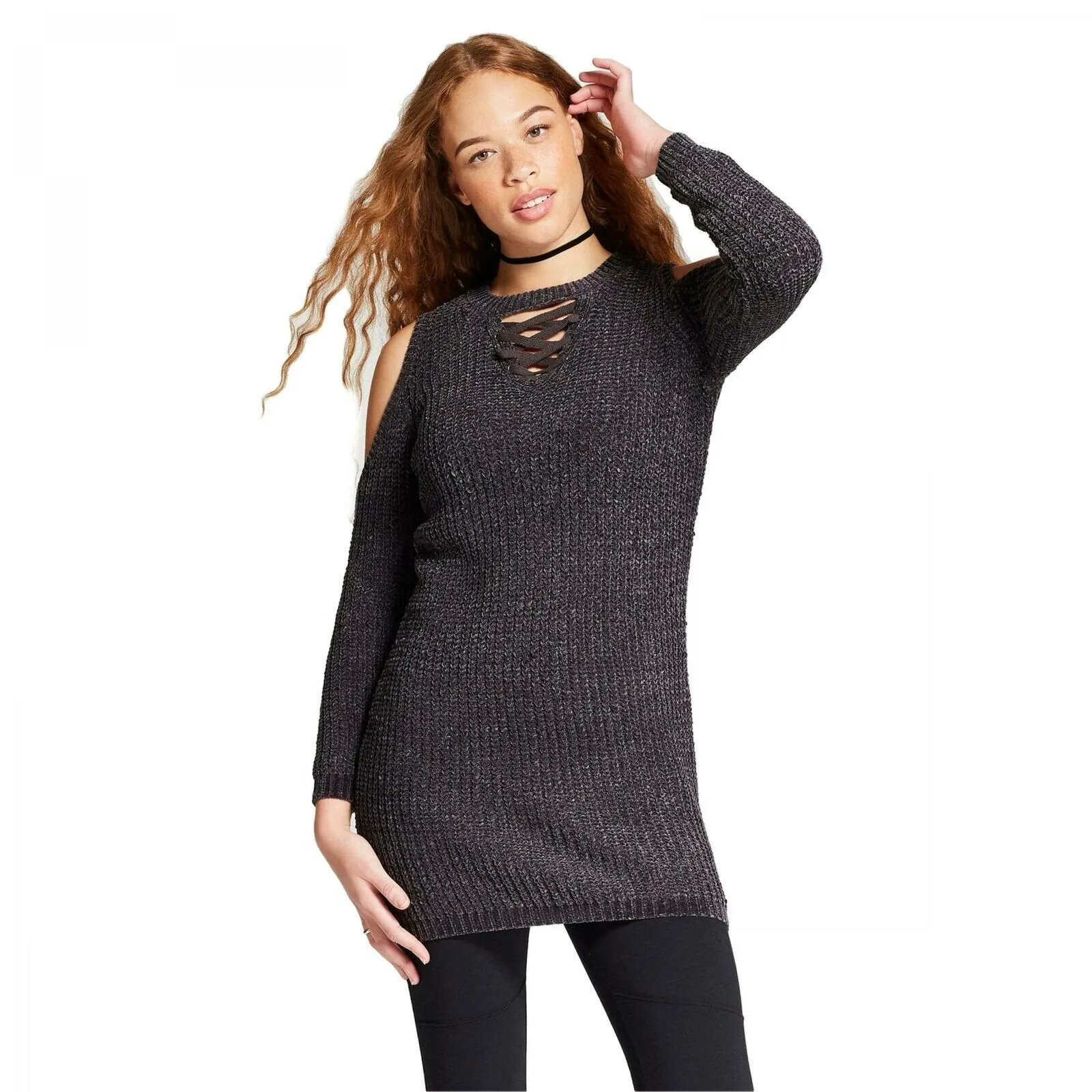 Xhilaration Women's Cold Shoulder Lace Up Short Sweater Mini Dress Grey XS